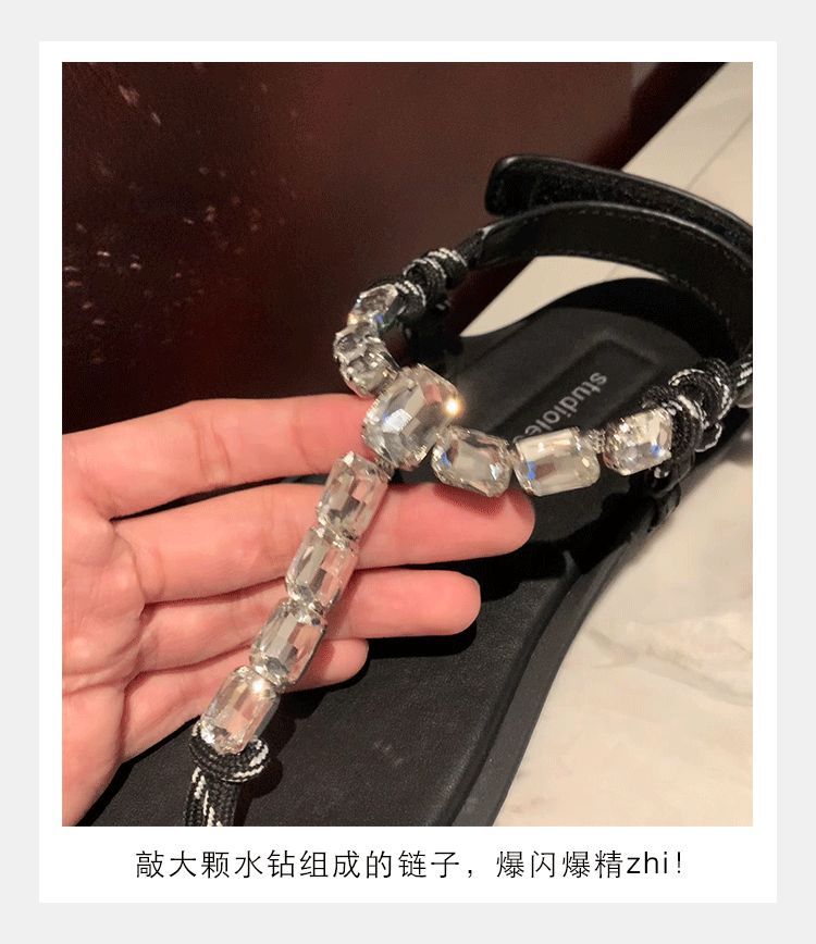 葡萄妈闪闪水钻~罗马风平底绳结百搭夹趾外穿人字拖凉鞋女夏季款详情12