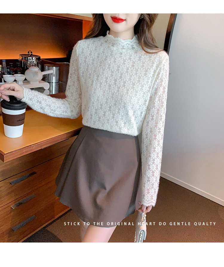 A stylish and youthful 2023 autumn collection, paired with a semi-high-neck top, long-sleeved small stand-up collar, and a youthful lace base layer for women pic 22