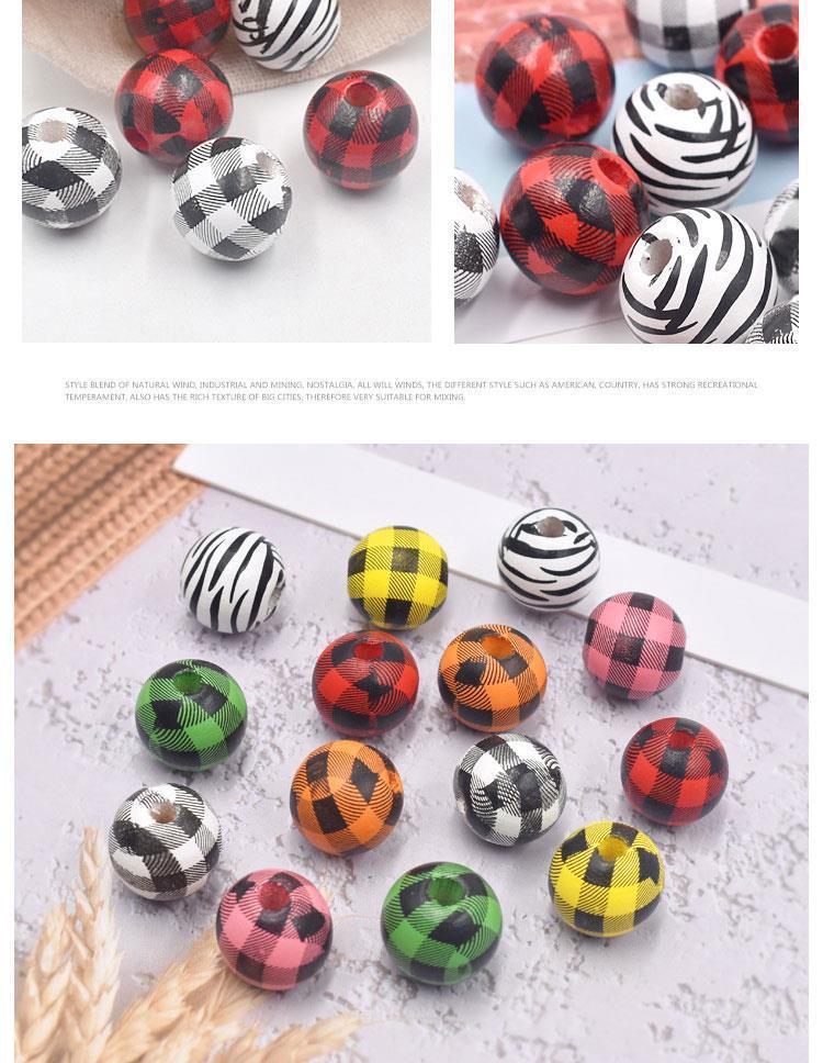 千鸟格木珠DIY挂饰装饰串珠彩色格子木珠配件条纹印花带孔木珠详情6