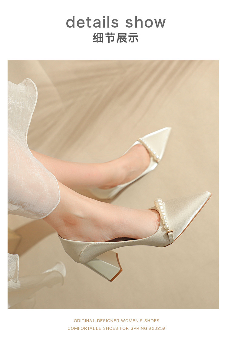 绝美缎面气质高跟鞋粗跟单鞋白色旗袍鞋伴娘鞋女日常婚鞋女新娘鞋详情3