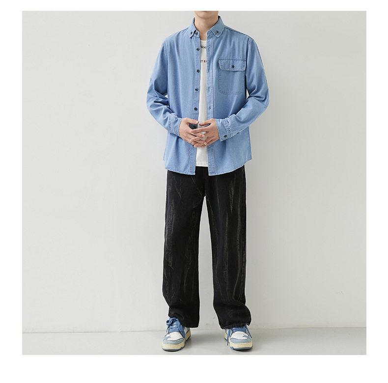 男装薄款牛仔长袖衬衫男2023春秋韩版潮流休闲纯色工装衬衣外套男详情22