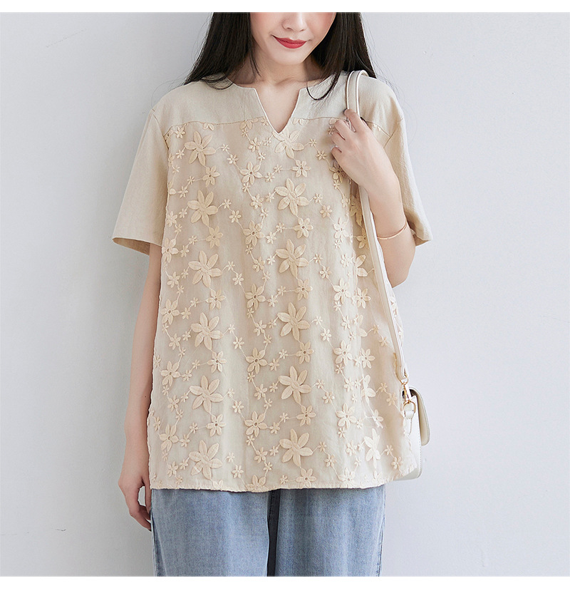 2022夏季新款速卖通欧美女装蕾丝刺绣短袖衬衫宽松女士上衣T恤详情35