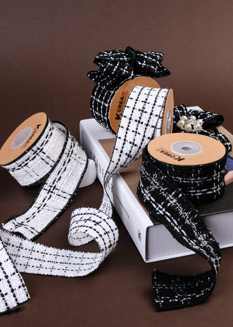 Korean-style chanel-style cotton and linen checkered, gold and silver thread, scallion ribbon DIY bow hair accessory, shoes, hats, clothing, cuff trims pic 6
