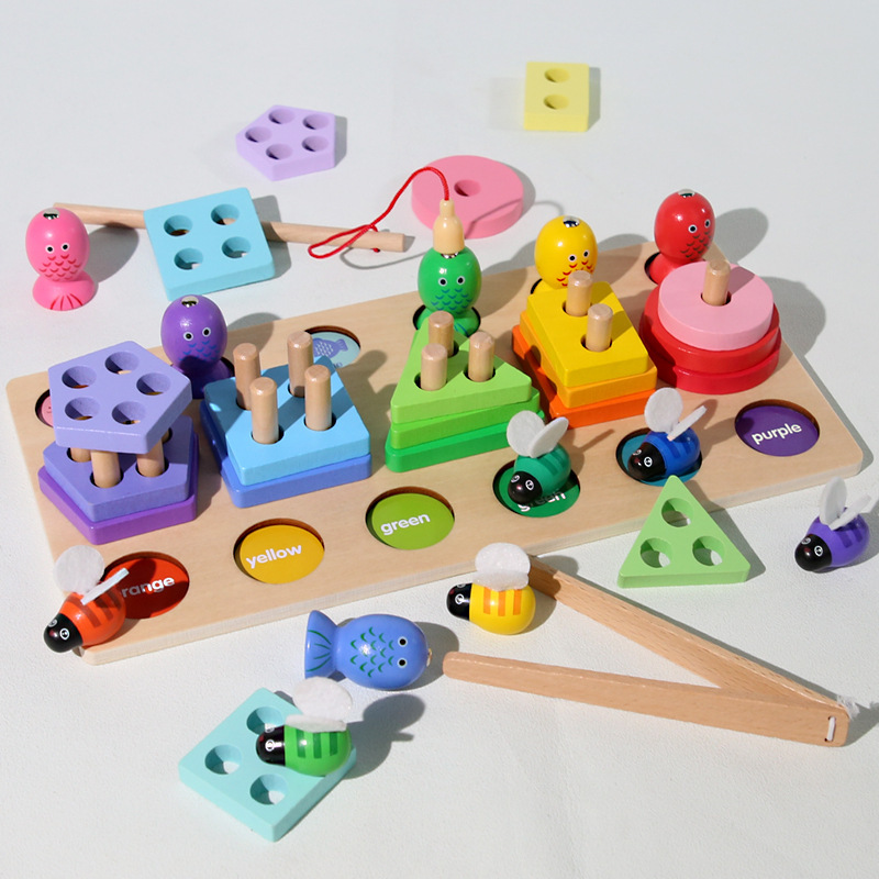 A new type of fishing trap column three-in-one geometric shape column set is a wooden toy for early education of boys and girls in kindergartens pic 2