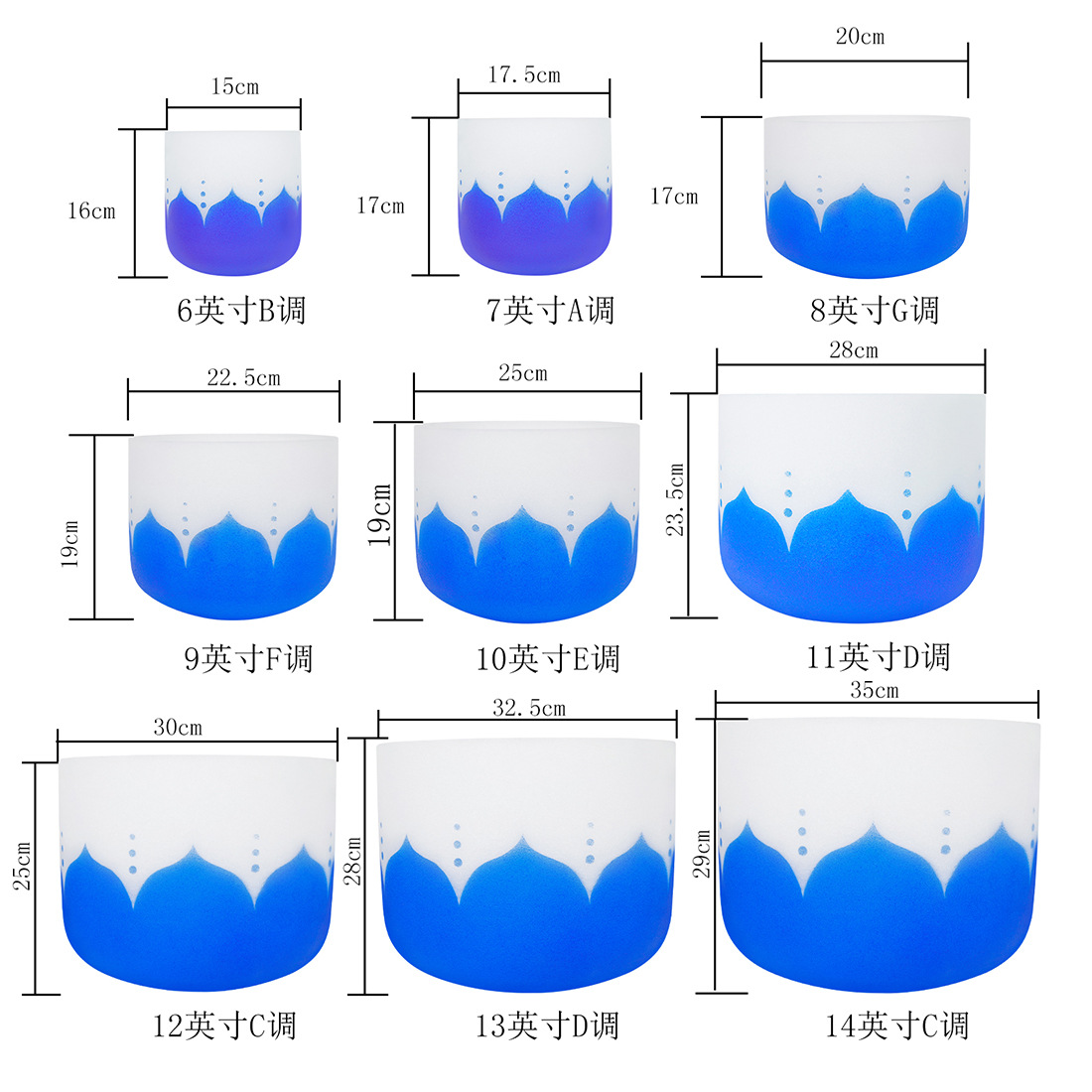 Wholesale IRin 6-14 inch crystal bowls, blue lotus music bowls, frosted singing bowls, yoga sound therapy singing bowls pic 2