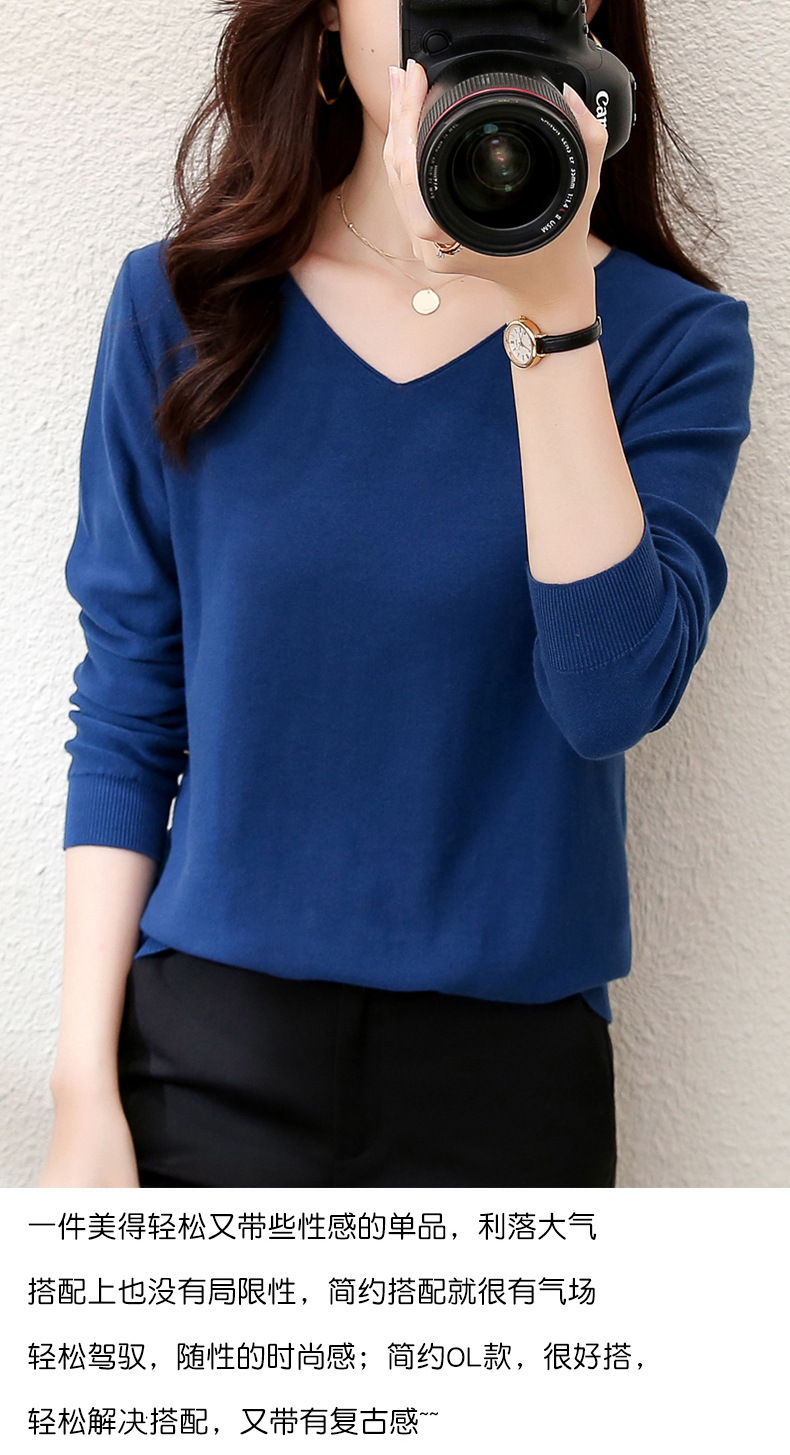 2023秋季女装全纯色棉麻针织T恤女V领长袖文艺大码外贸厂家批代发详情3