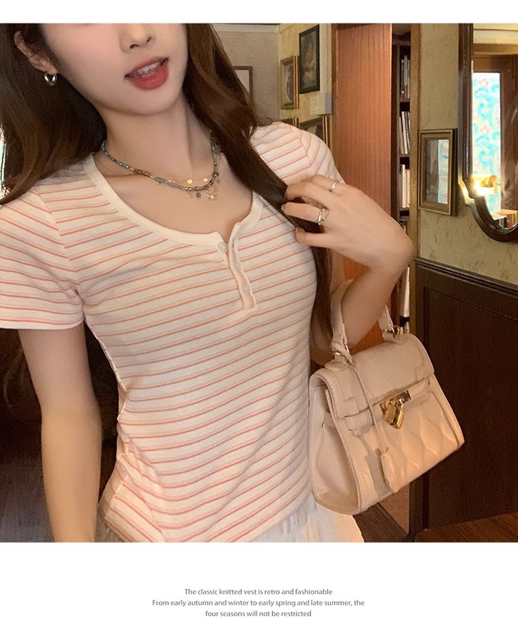 蓝白条纹短袖正肩女t恤春夏2025新款chic小众设计感修身短款上衣详情24