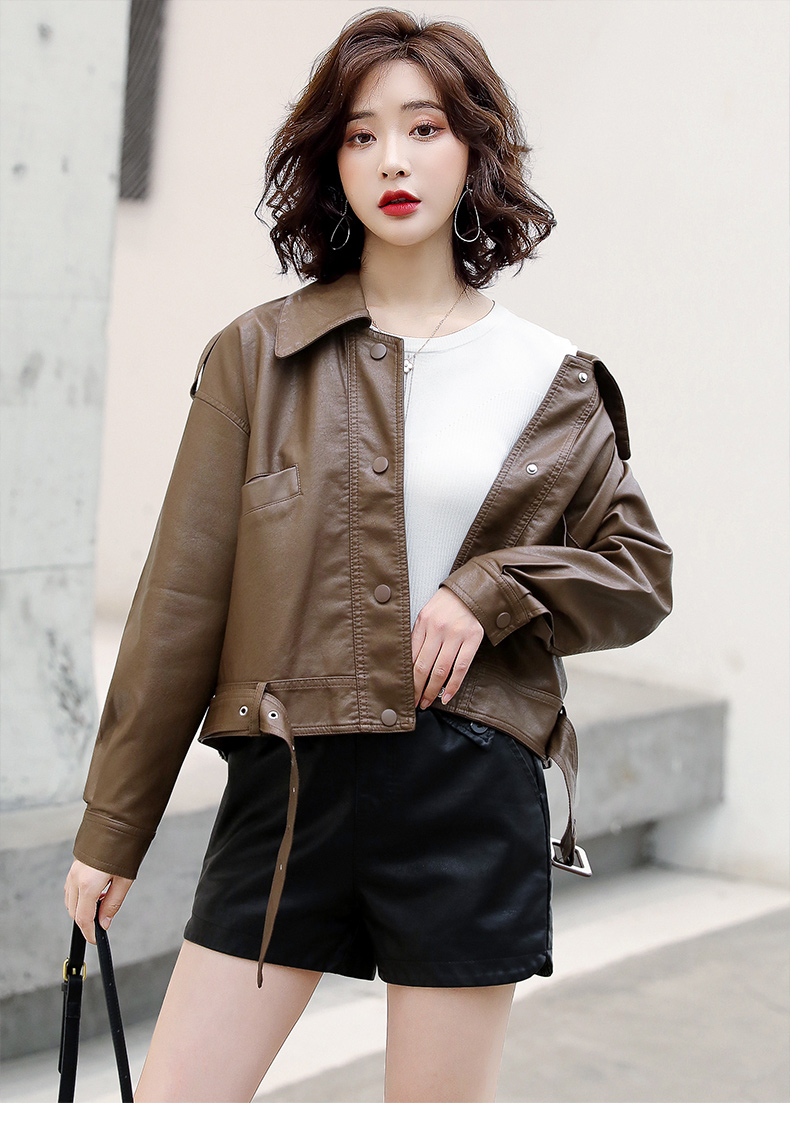 2022秋季新款女装皮拼接PU上衣短裤两件套短款皮衣休闲时尚套装详情16