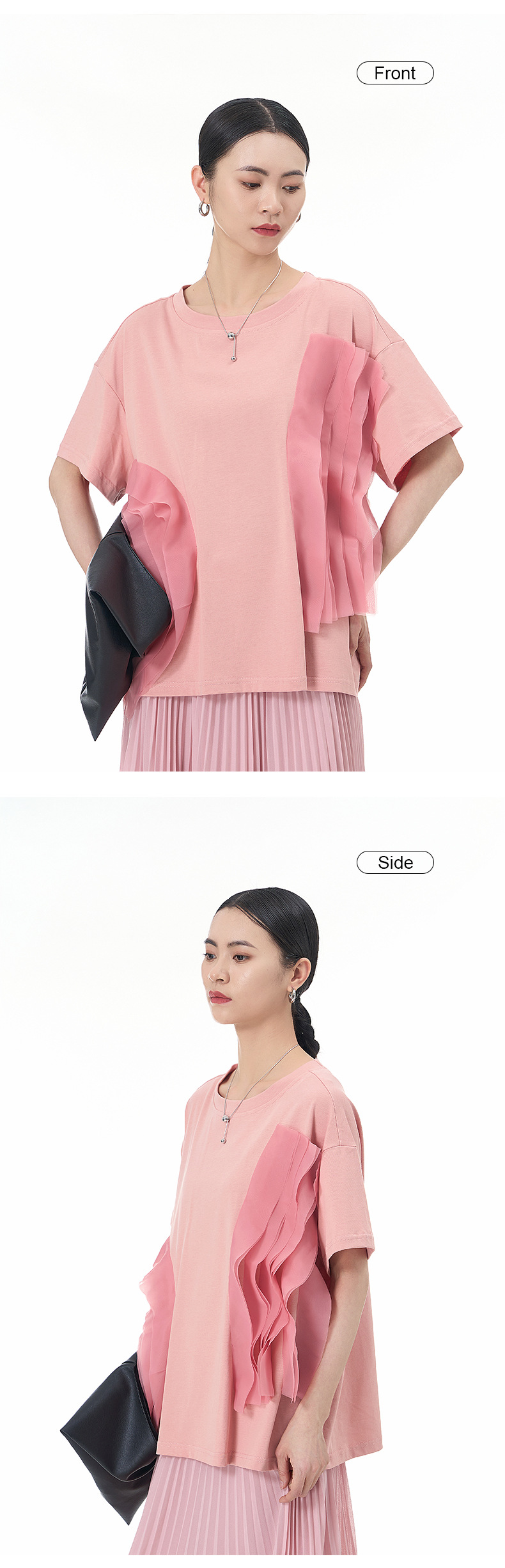 大码女装2025夏新宽松纱网拼接纯棉短袖T恤气质韩版显瘦上衣68852详情3