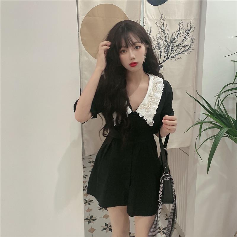 胖妹妹复古撞色娃娃领连衣裙大码小个子轻熟风优雅气质小黑裙女夏详情4