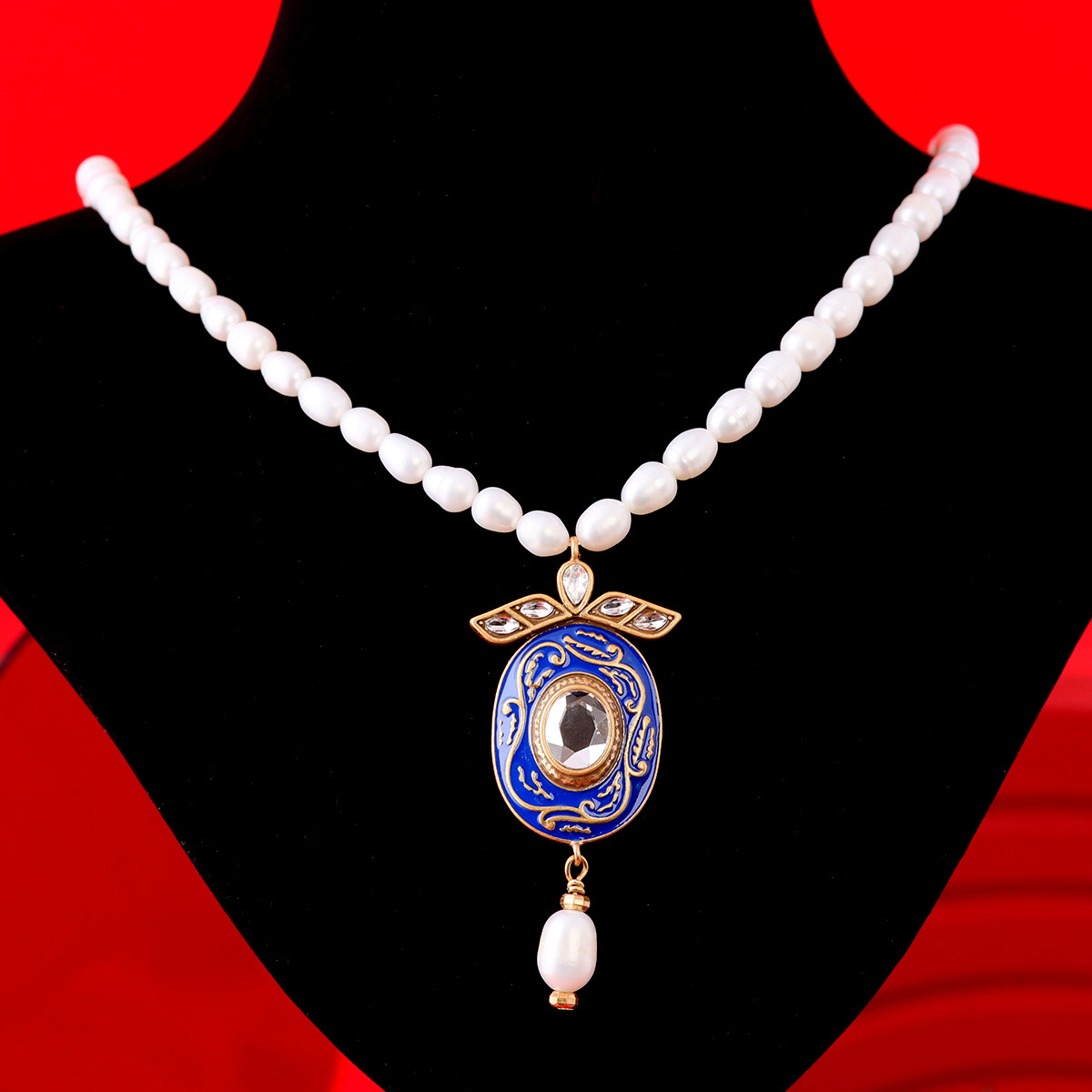 轻奢中古vintage复古款西洋锆石珐琅吊坠项链女款青岛工厂批发详情2