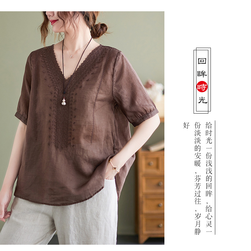 实拍2022年夏季薄款棉麻文艺复古刺绣宽松显瘦短袖上衣T恤衫女详情20