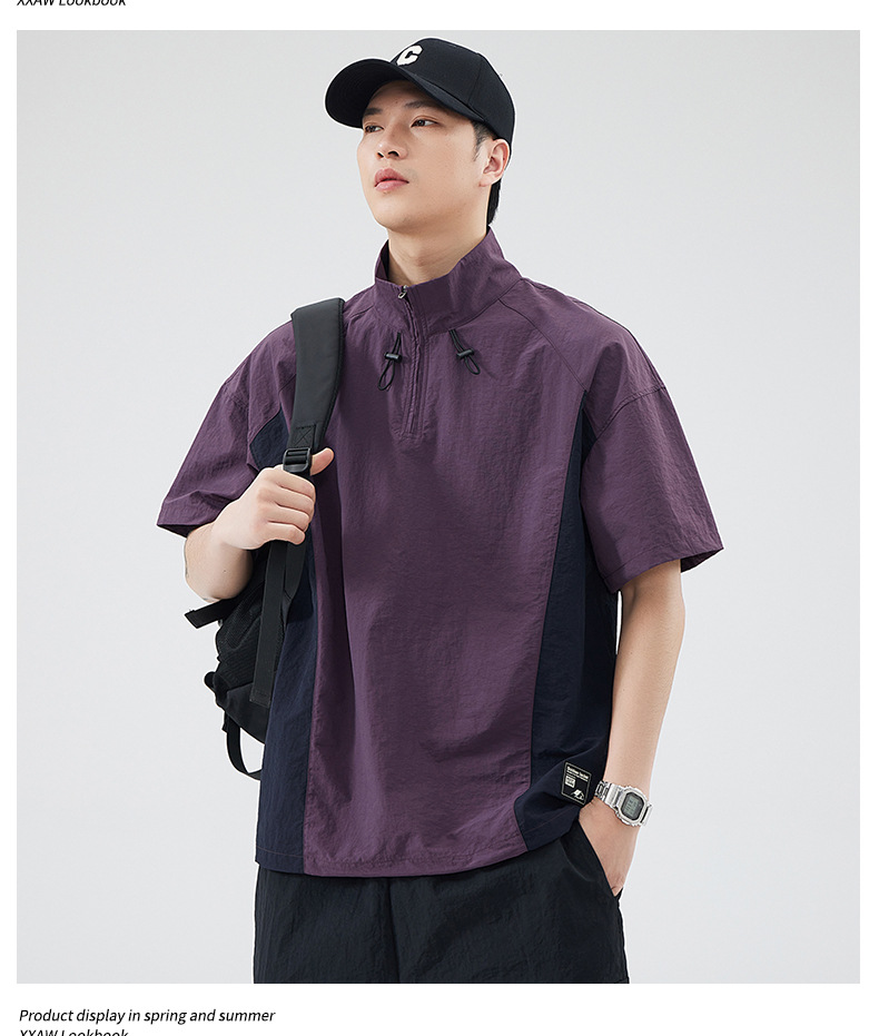 美式工装短袖t恤男士夏季大码潮牌立领拉链体恤半袖男详情16