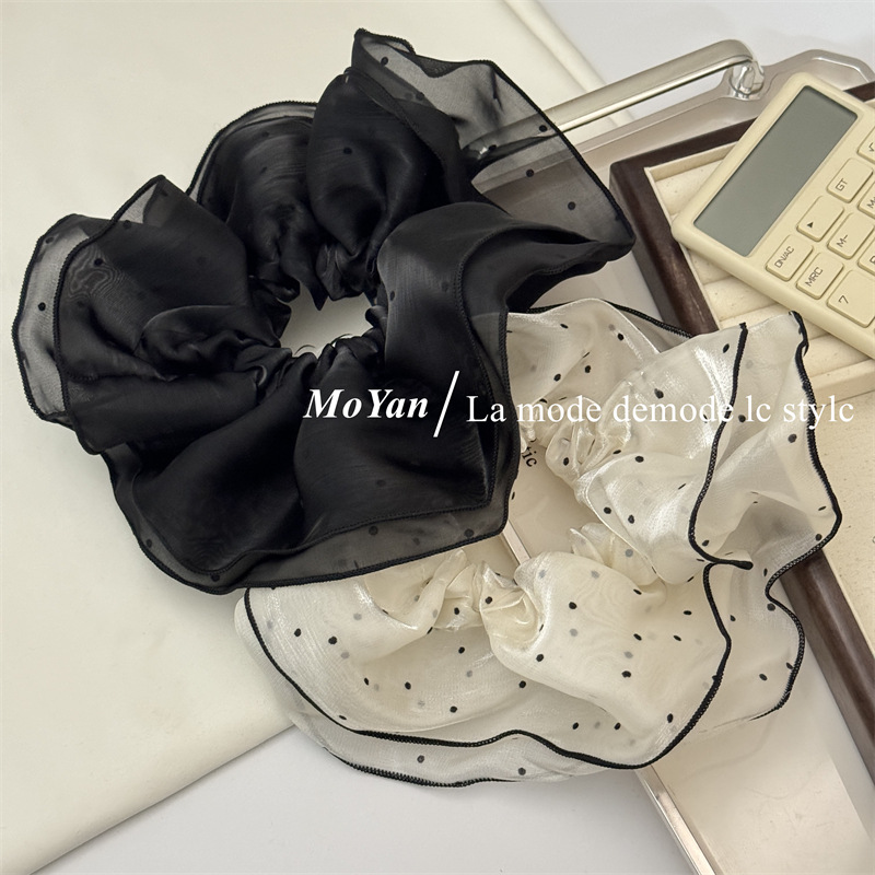 Double-layer fluffy cloud polka dot pearlescent gauze large intestine hair band, elegant bun hairstyle hair tie 2024 ponytail hair tie hair accessory pic 3