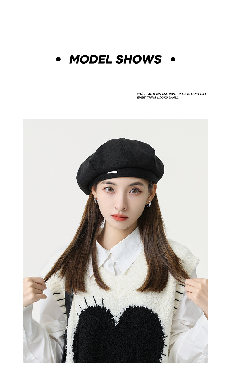 韩版秋冬毛呢金属标贝雷帽子女八角帽大头围显脸小时尚文艺画家帽详情4