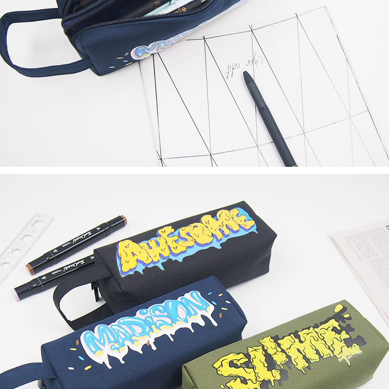 Creative double-layer large-capacity hand-held pen case, simple canvas double-zipper pencil case, stationery storage bag pic 14