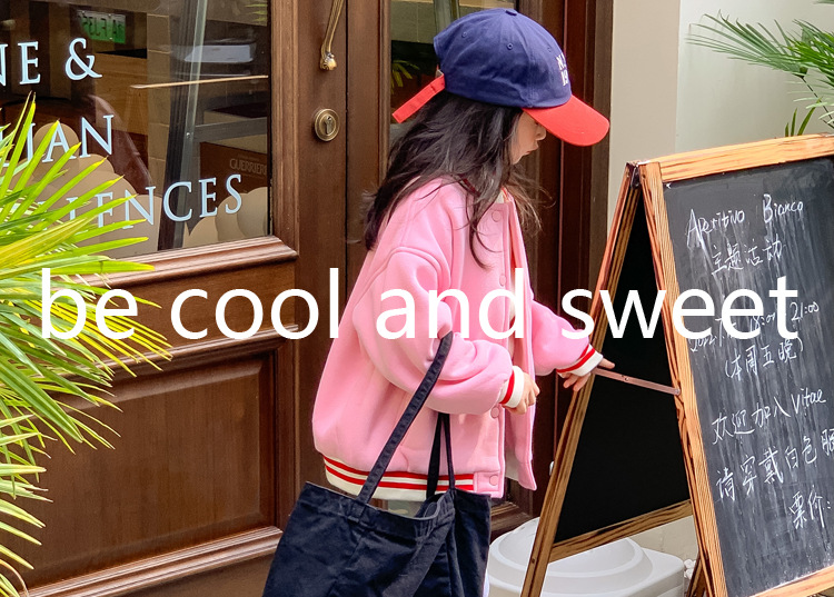 TCkids2022AW Autumn/Winter Edition fleece thickened embroidered label pink baseball jacket pic 1