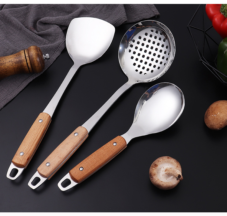 Thickened non-magnetic stainless steel spatula and strainer set, kitchen wooden handle large strainer, stir-frying spatula, cooking soup spoon wholesale pic 12