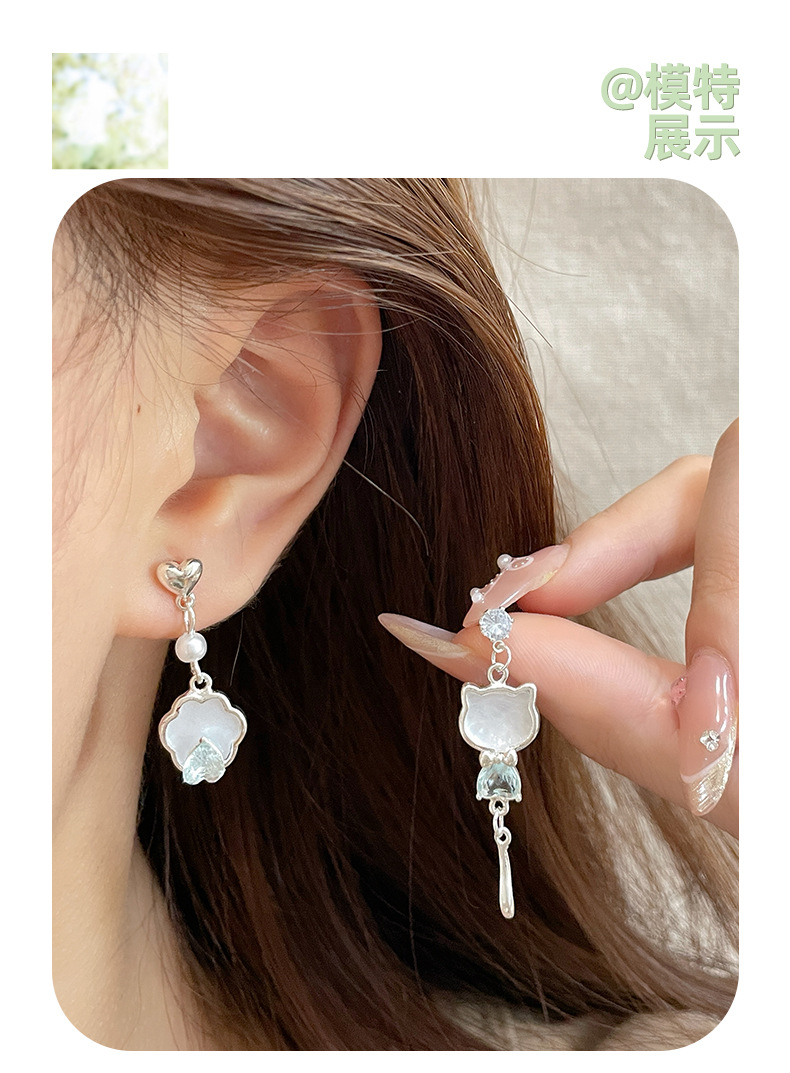 Simple zircon cat earrings, silver needle geometric AB style, cute and exquisite tassel earrings, sweet and niche earrings pic 9