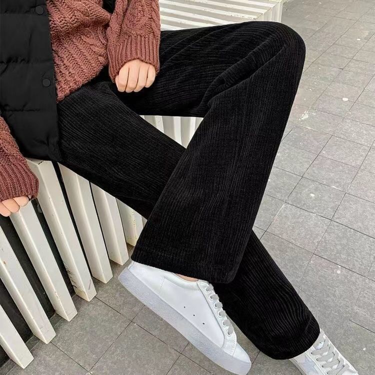 Otoño invierno 2022 pantalón de pierna ancha mujer casual holgada cintura alta con sensación de caída pantalón mop con fleece y espesor negro apricot pantalones rectos mujer pic 1