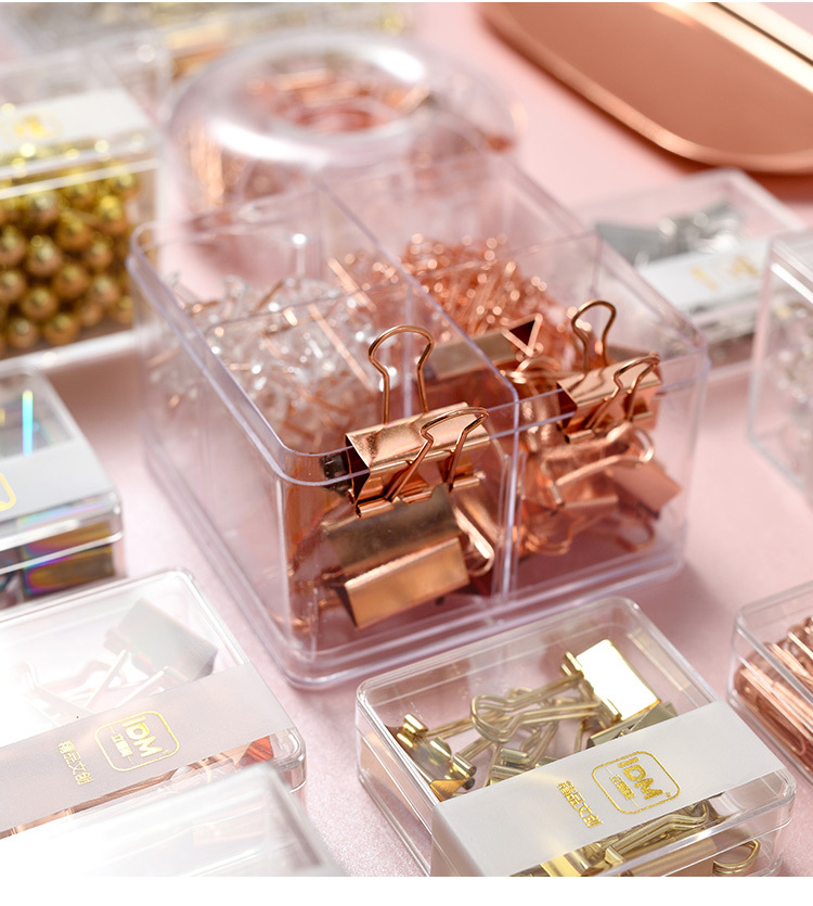 Cross-border supply of rose gold electroplated transparent thumbtacks, large and small long-tail clips, paperclip four-compartment boxes, creative office sets pic 3
