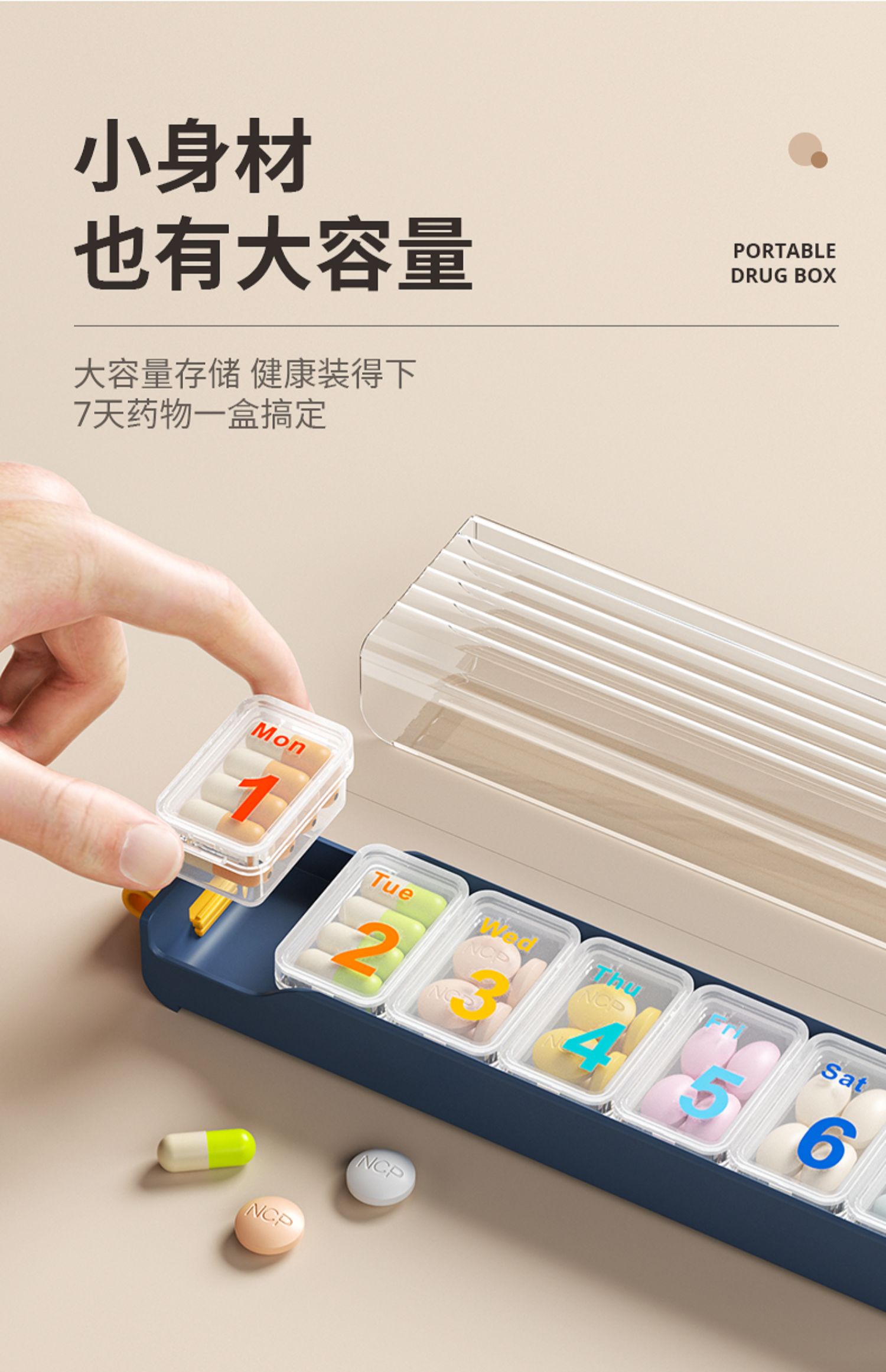 Portable medicine box, three meals a day, portable medicine packaging box, seven-compartment medicine box for seven days a week, large-capacity medicine dispenser, specially for foreign trade. Specially for foreign trade pic 22