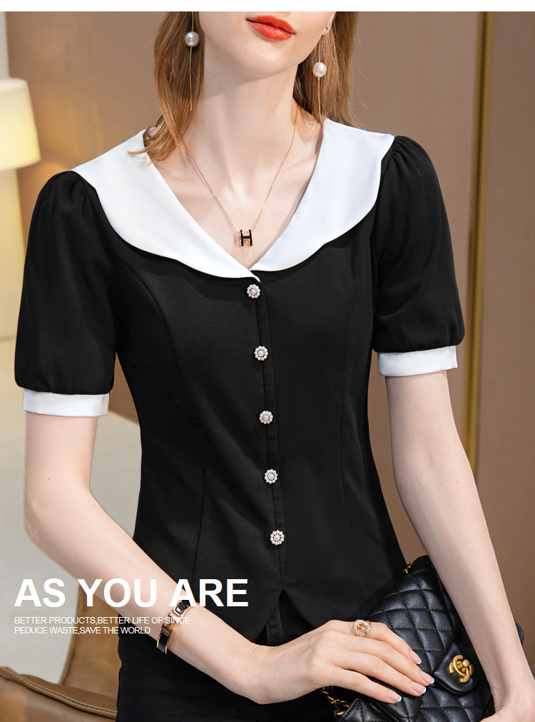 短袖t恤女2022新款女装时尚撞色v领棉体恤减龄娃娃领收腰扣子上衣详情14