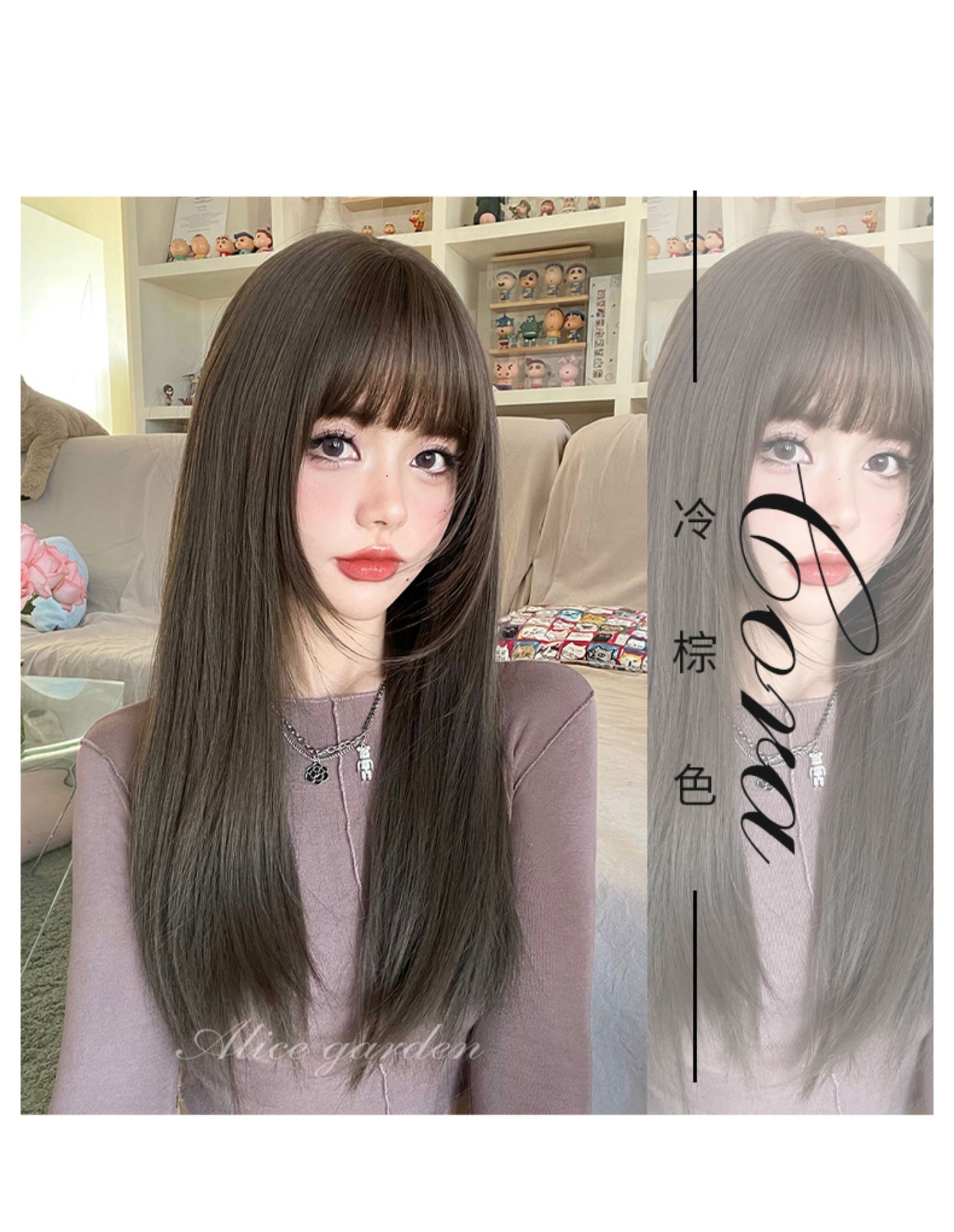Factory wholesale wig for women with long hair, popular Japanese-style round face, realistic long straight hair, natural bangs, full head coverings for women pic 4