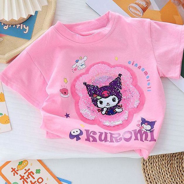 女童t恤短袖牛奶磨毛夏2024新款爆款洋气变色库洛米亮片女孩可爱详情7