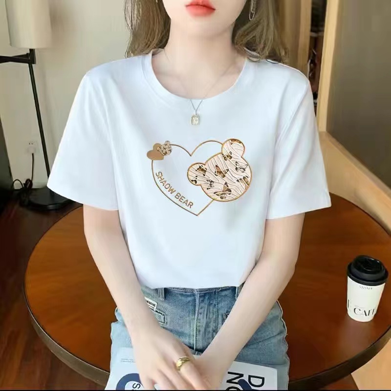 白色女士棉短袖T恤女2023新款夏季小个子体恤正肩大码印花上衣详情5