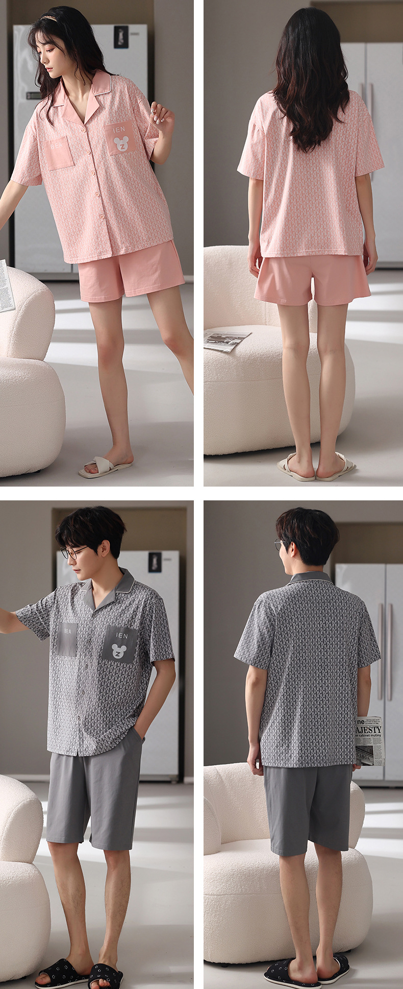 纯棉情侣睡衣夏季结婚新婚大码男士开衫长裤本命年红色家居服夏女详情46