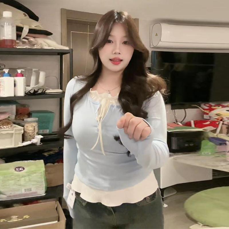 300斤大码纯欲甜辣假两件修身上衣女春秋季胖mm显瘦打底衫百搭T恤详情5