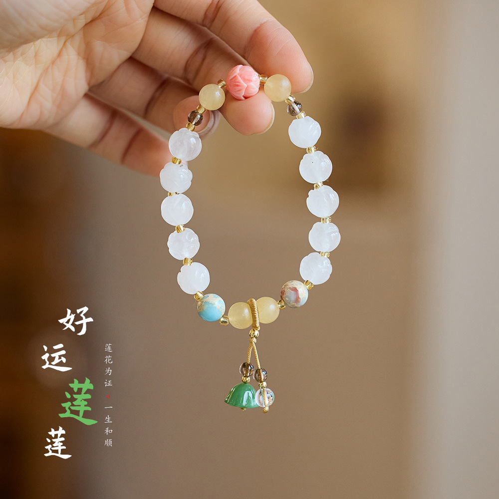 Temple bestseller Natural golden thread jade lotus bracelet, Good Luck Lotus Lotus Bag, bulging ancient-style jade bracelet wholesale pic 12