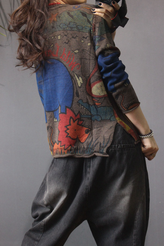 Spring 2021 new printed knitted cardigan for women, retro ethnic style, loose, large-sized, slimming long-sleeved top pic 16