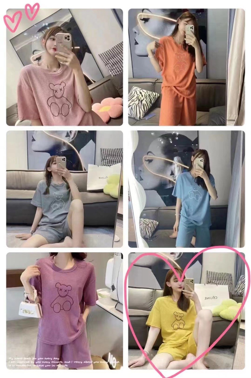 Waffle Bear Set 2022 New Fashion Embroidered outerwear, home wear, short-sleeved, trendy shorts, two-piece set for women pic 1