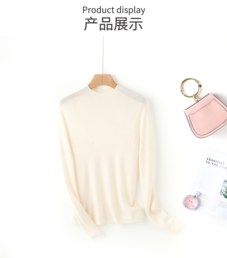 Fine-spun, machine-washable wool 100 knitted sweater design, semi-high collar, slimming, solid color autumn new wool sweater top pic 9