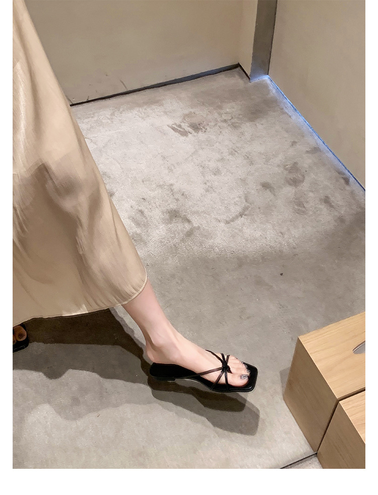 羊皮版葡萄妈同款法式方头高跟鞋细带粗跟平底拖鞋女夏季扭结凉拖详情35