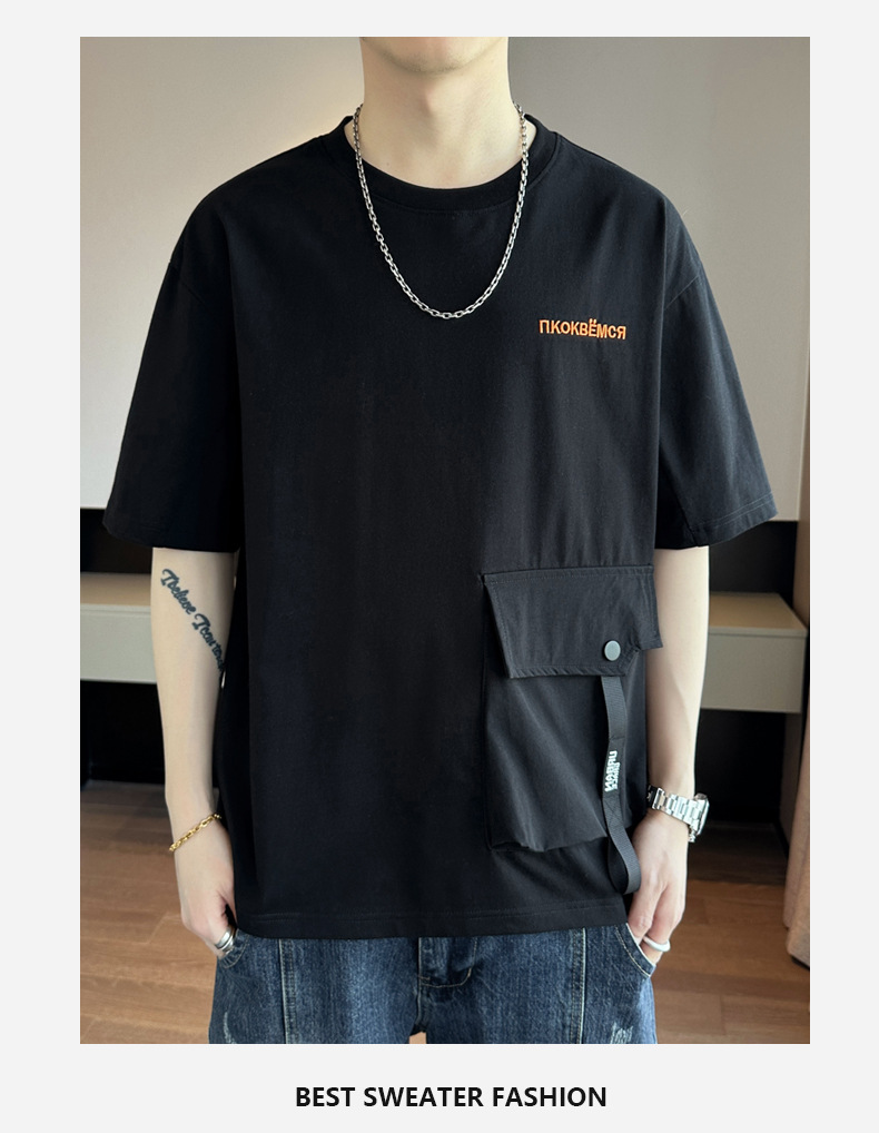 2024 Summer new short-sleeved T-shirt, thin, simple pocket, round neck, fashionable and trendy brand clothing, cool loose top pic 18