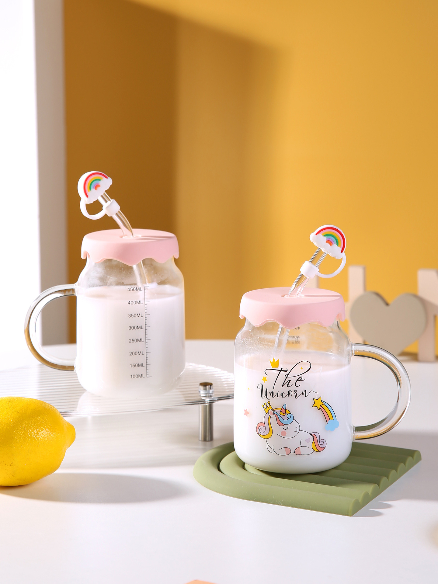 家用高颜值可爱卡通独角兽玻璃杯带盖带吸管女生办公室早餐牛奶杯详情6