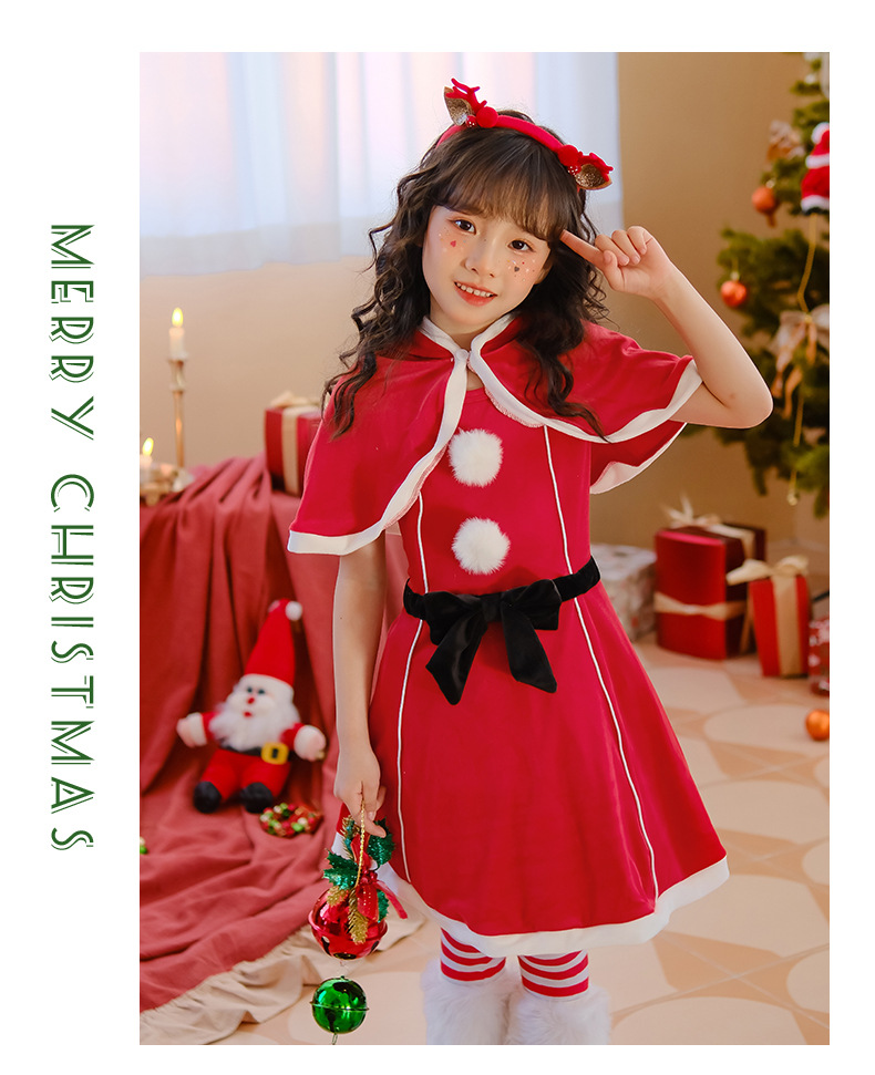 圣诞节儿童服装女童披肩斗篷连衣裙红色裙子派对装扮服饰圣诞老人详情12