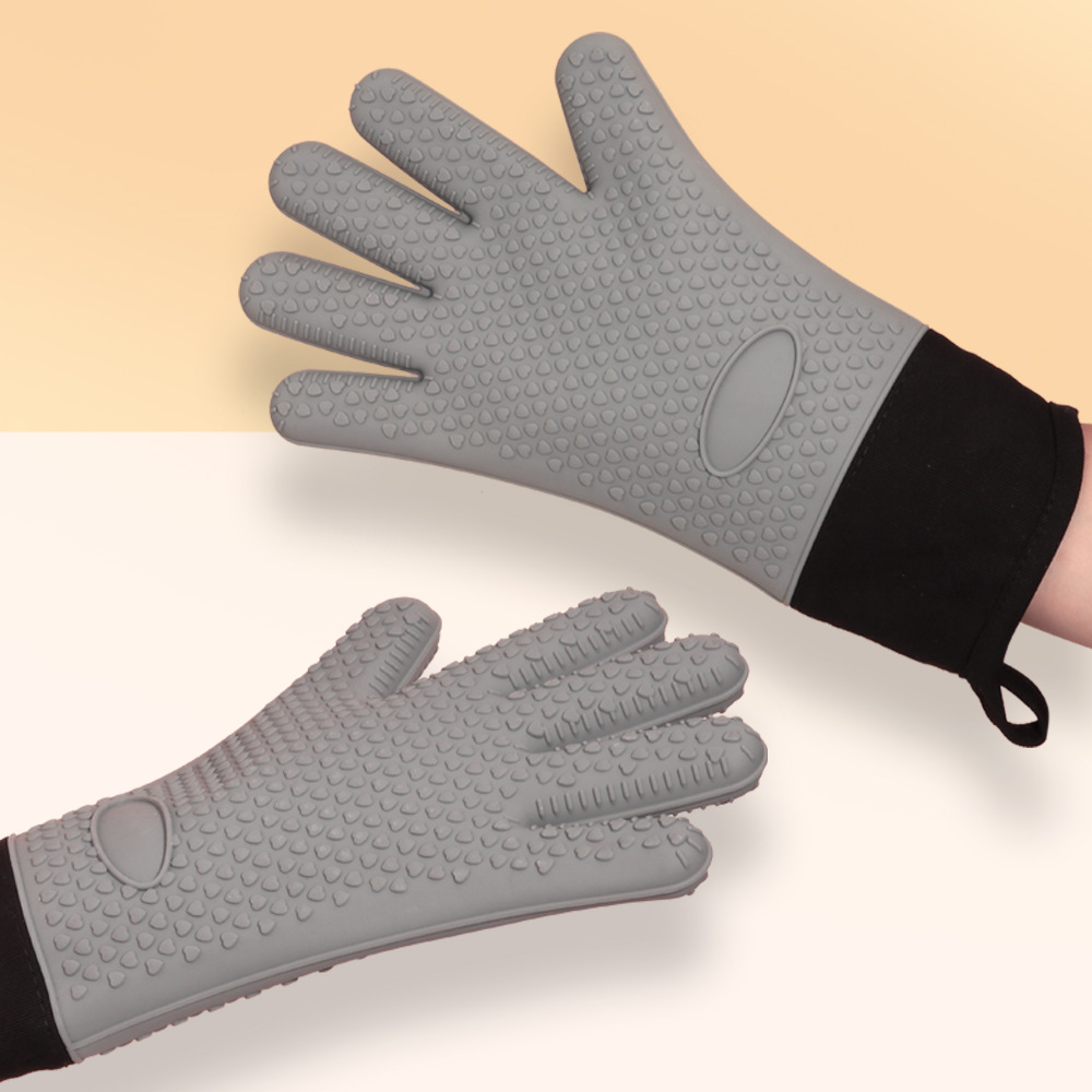 Silicone heat-insulating gloves, microwave oven high-temperature resistant, kitchen heat-resistant hand covers, thickened cotton anti-slip and waterproof oven gloves pic 7