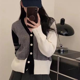 撞色拼接毛衣外套开衫女2022秋冬新款宽松设计感加厚针织开衫女装详情9