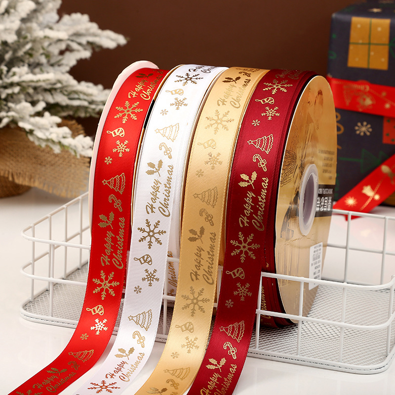 Dingxin 2.5CM Christmas ribbon in stock wholesale, gold-embossed snowflake DIY Christmas gift packaging color ribbon Polyester ribbon pic 7
