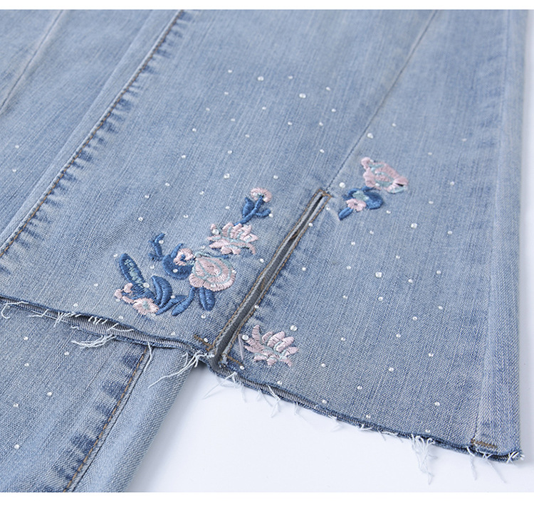 新中式刺绣牛仔微喇裤女夏季新款高腰修身显瘦弹力开叉毛边喇叭裤详情21