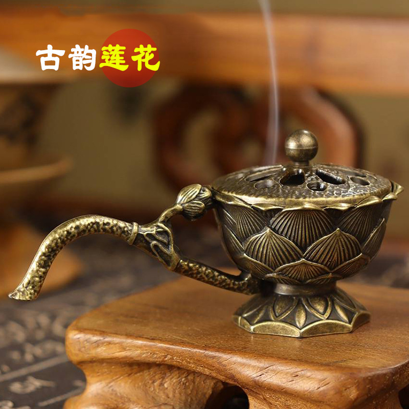Antique lotus-shaped hand-held small incense burner, household indoor sandalwood, agarwood, Zen incense burner, incense ceremony ornaments, incense seals pic 2