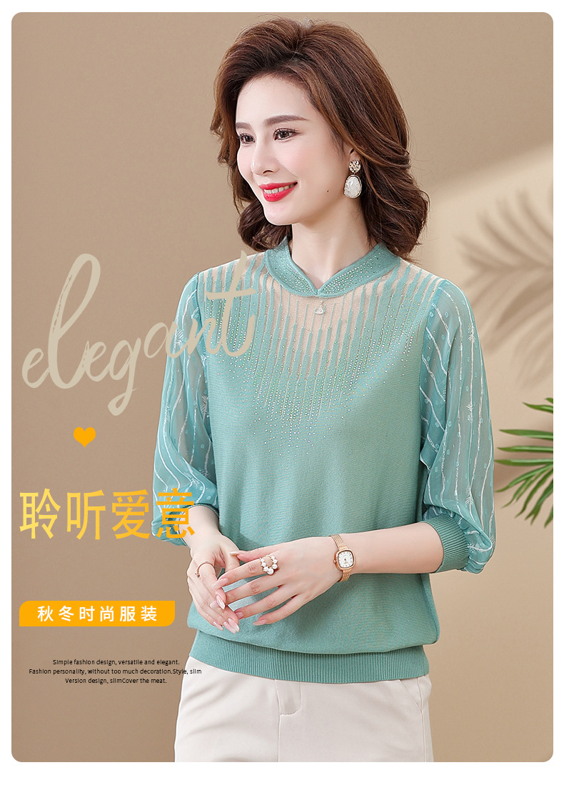 妈妈纱袖薄款打底上衣春秋季女士气质针织衫中老年休闲时尚洋气质详情1