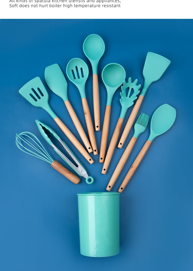 【 Cross-border 】 12-piece silicone kitchen cooking set, non-stick pan spatula and spoon storage, 11-piece silicone large bucket pic 18
