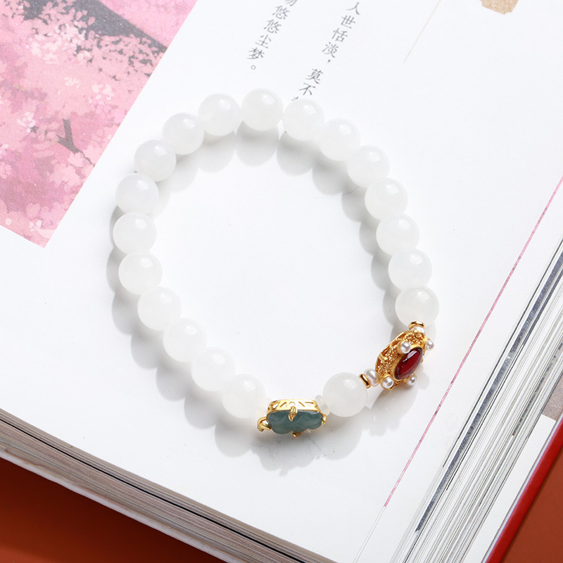 Natural Hetian jade white jade round bead bracelet for women, blue water jade leaf bracelet, a niche design for your girlfriend pic 7