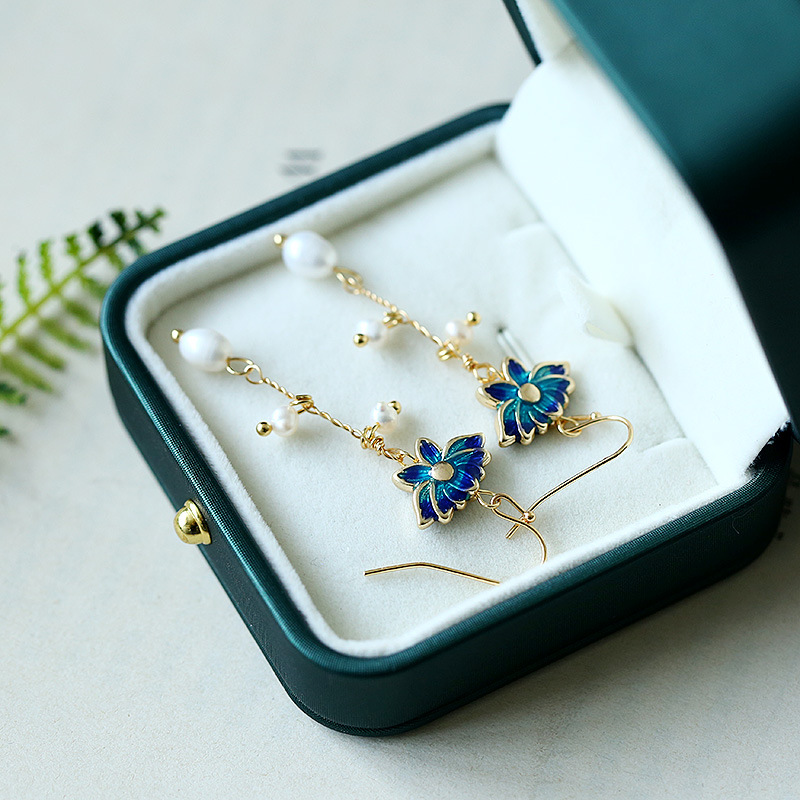 Original Chinese-style cloisonne set, lotus cloisonne natural freshwater pearl earrings, copper-plated 14K gold earrings for women pic 6