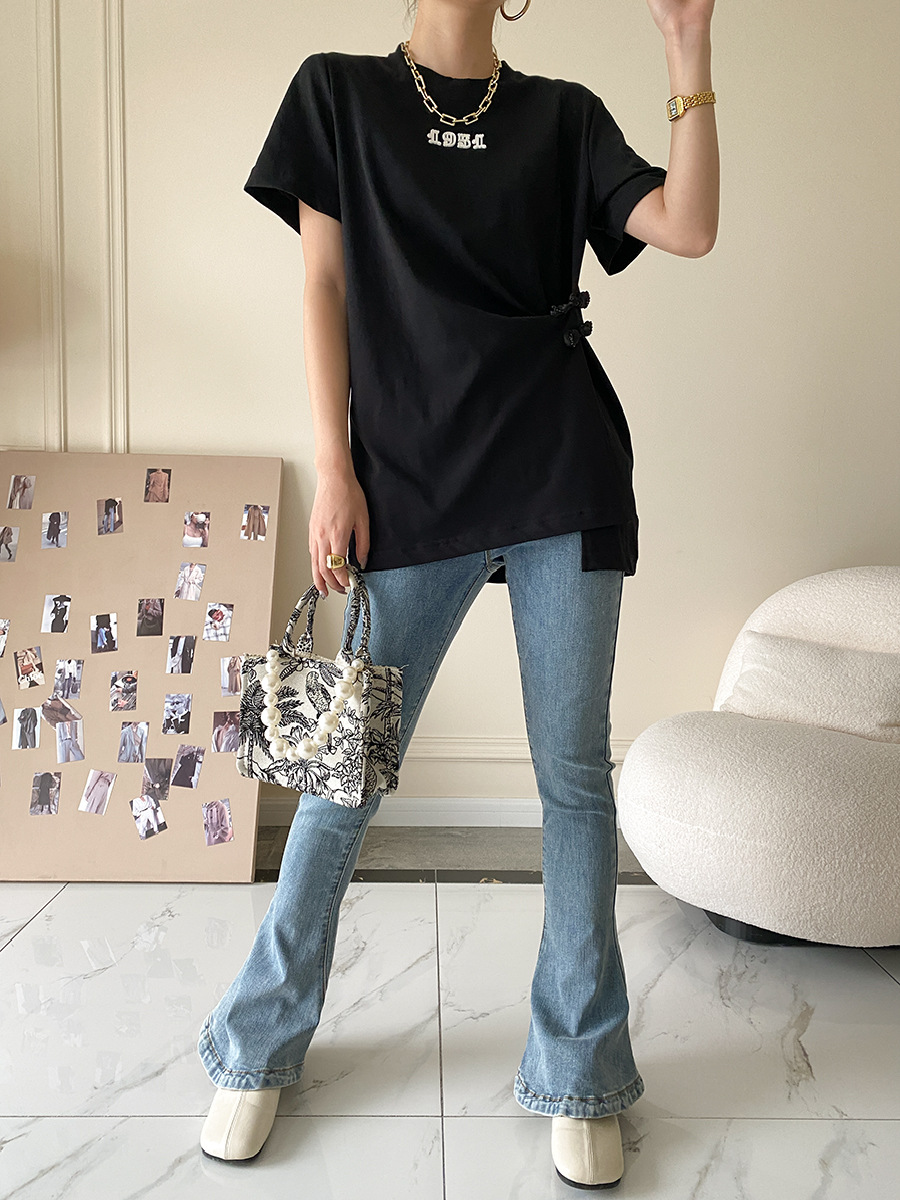 Sinan guoji plato hebilla bifón caída hombro manga camiseta mujer moda cool sentido de diseño verano 2022 nuevo SN1425 pic 15